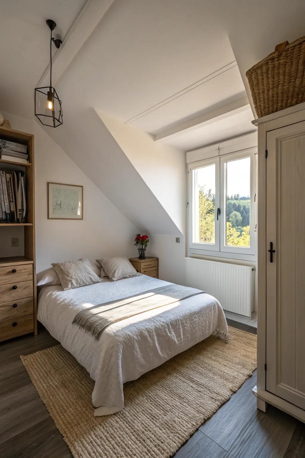 Positioning the bed in the corner frees up space in the room.