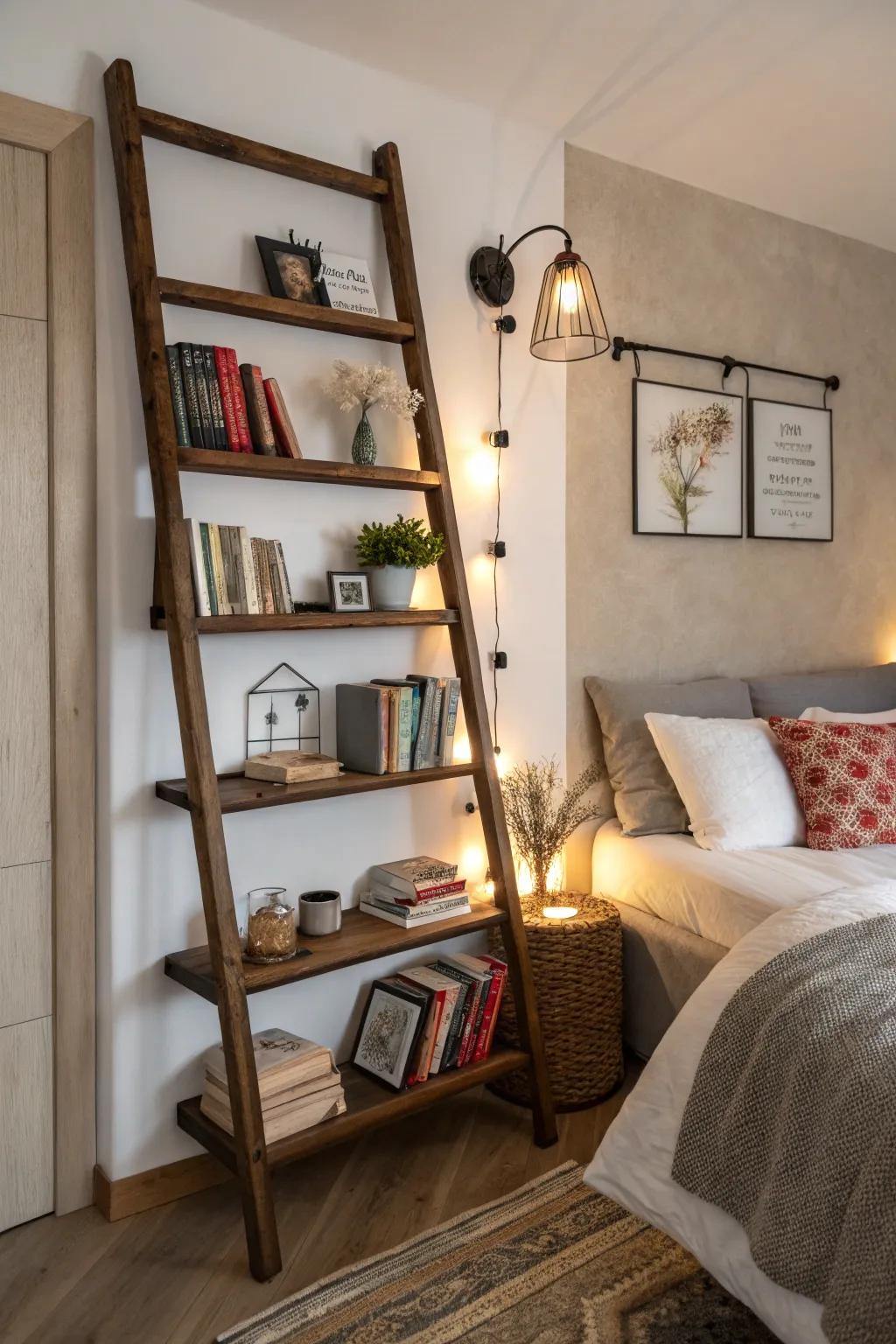A wall-mounted ladder shelf as a space-efficient bedside table.