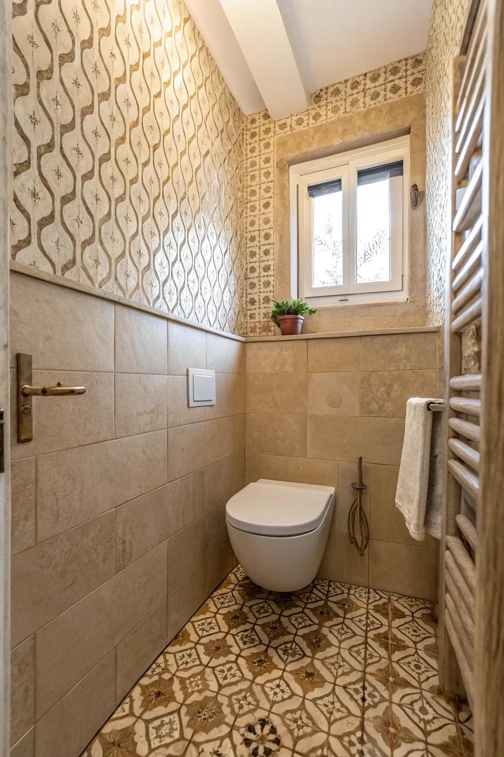 A small bathroom featuring textured beige tiles.