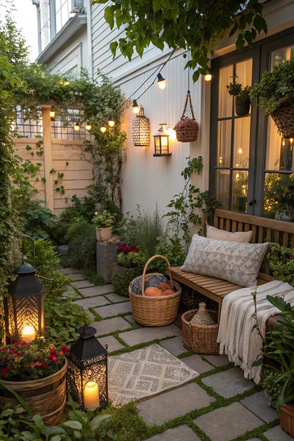 Eclectic decor items like lanterns and baskets add character.