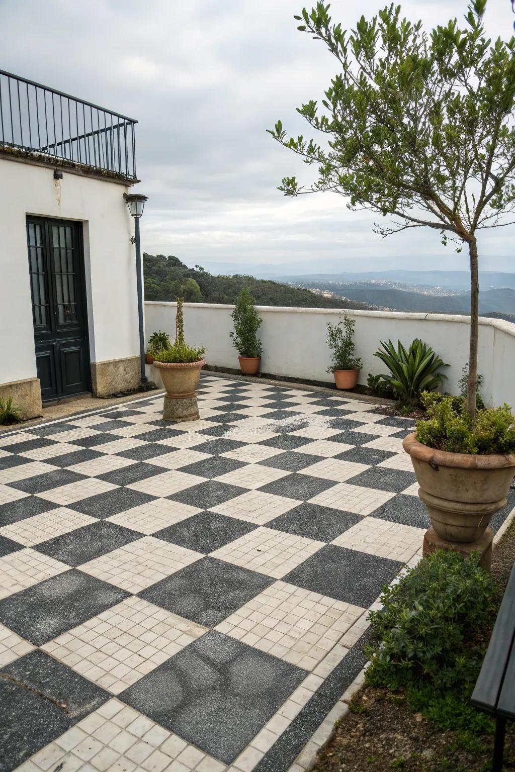 A chessboard arrangement provides a timeless and spirited aesthetic.