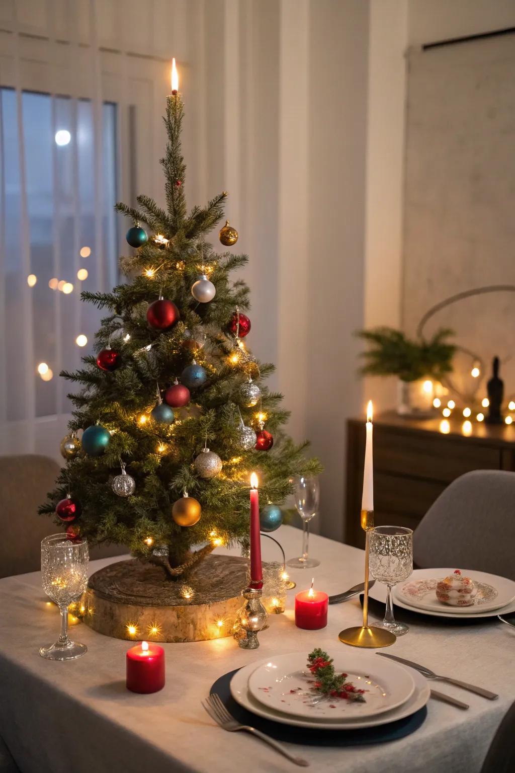 A tabletop evergreen serves as a celebratory dining surface centerpiece.