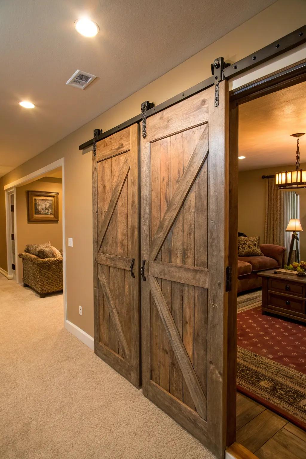 Barn doors provide rustic charm and practicality.