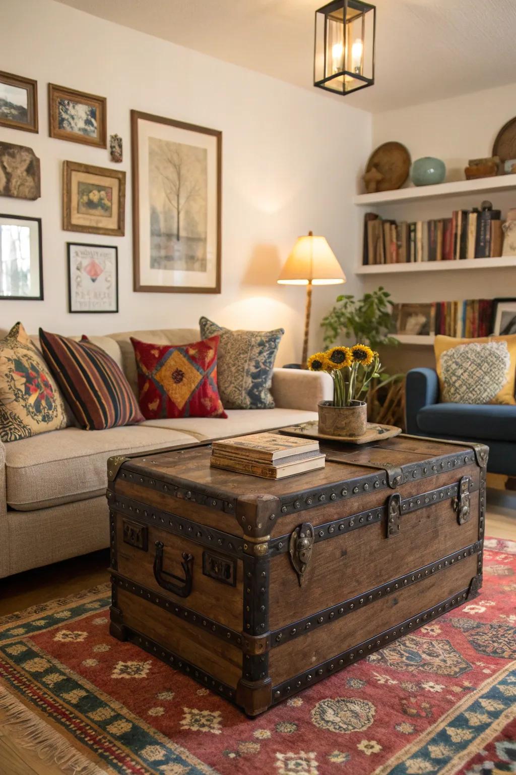 Vintage trunks enhance character and storage in confined spaces.