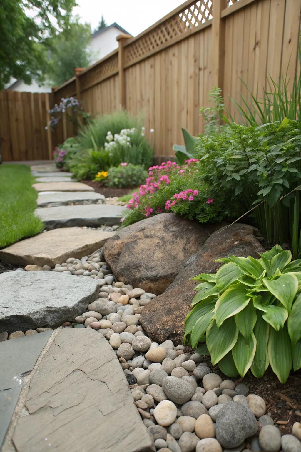 A variety of rock textures add depth to this rock garden.