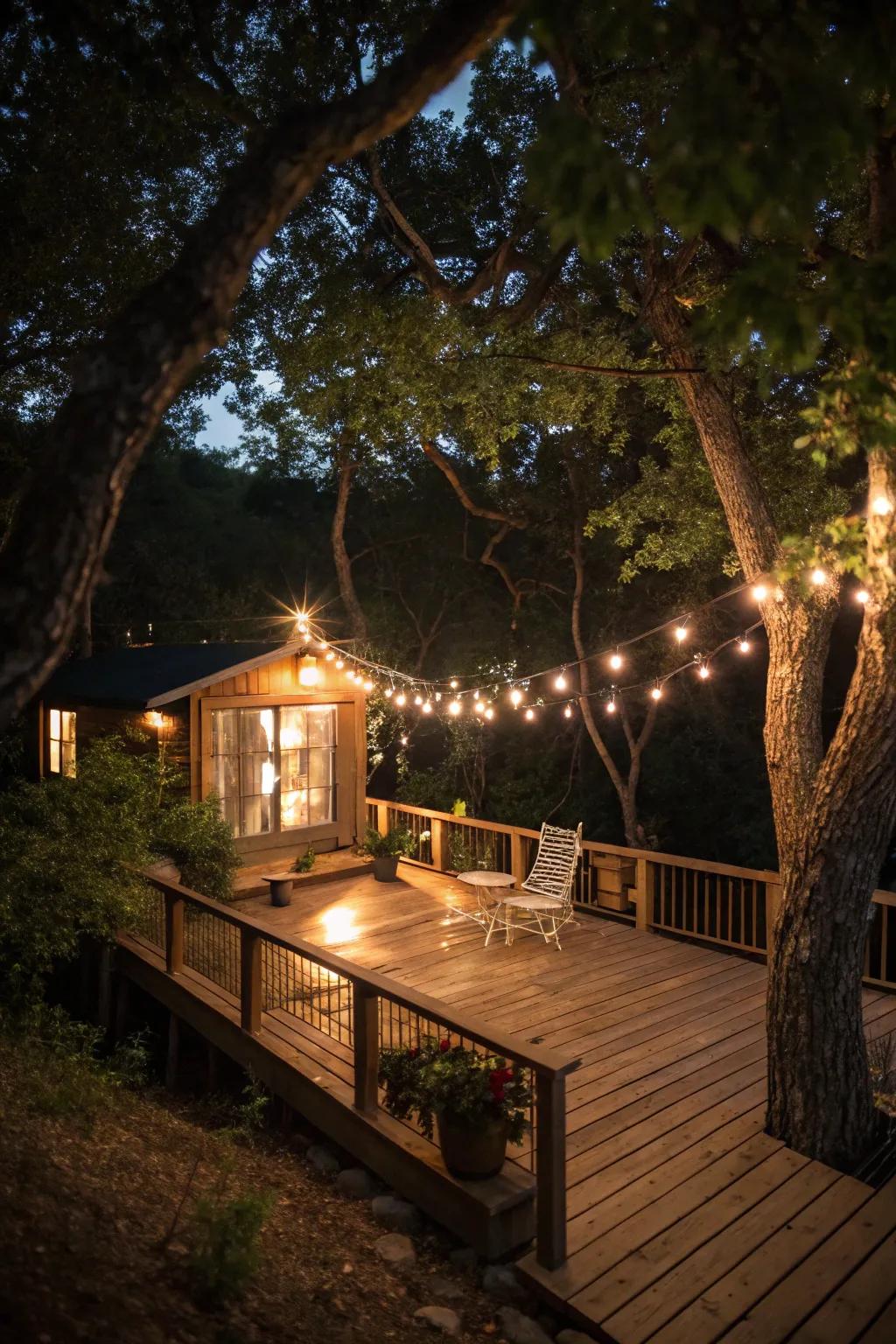 A compact deck radiant with the beauty of decorative lights.