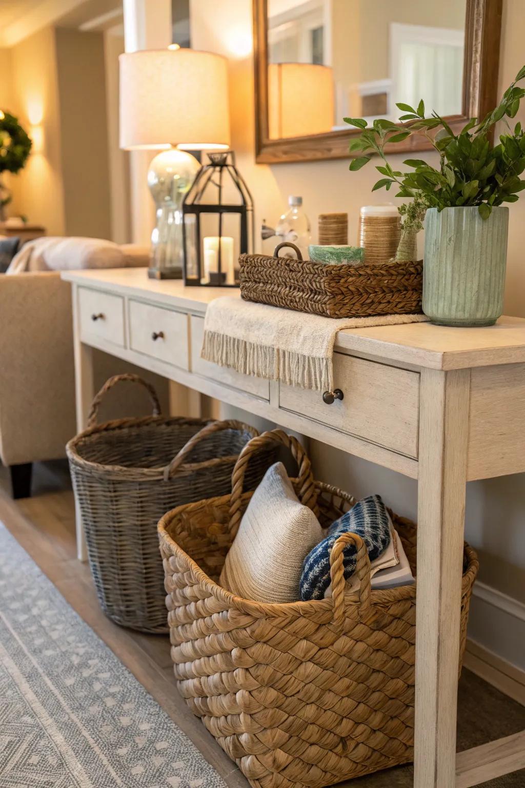 Stylish baskets keep small items organized and out of sight.