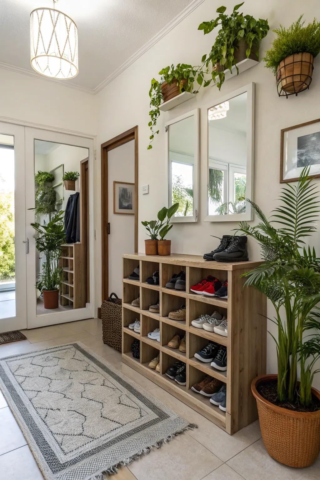 Greenery and reflective surfaces add beauty and depth to your foyer.