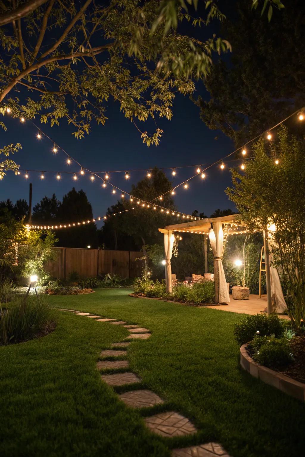 Gentle lighting enhancing the ambiance of a garden with artificial grass.