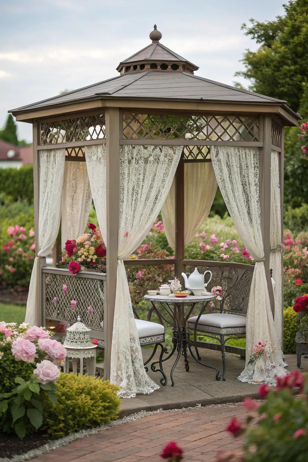 Sip tea in style with a charming pavilion setup.