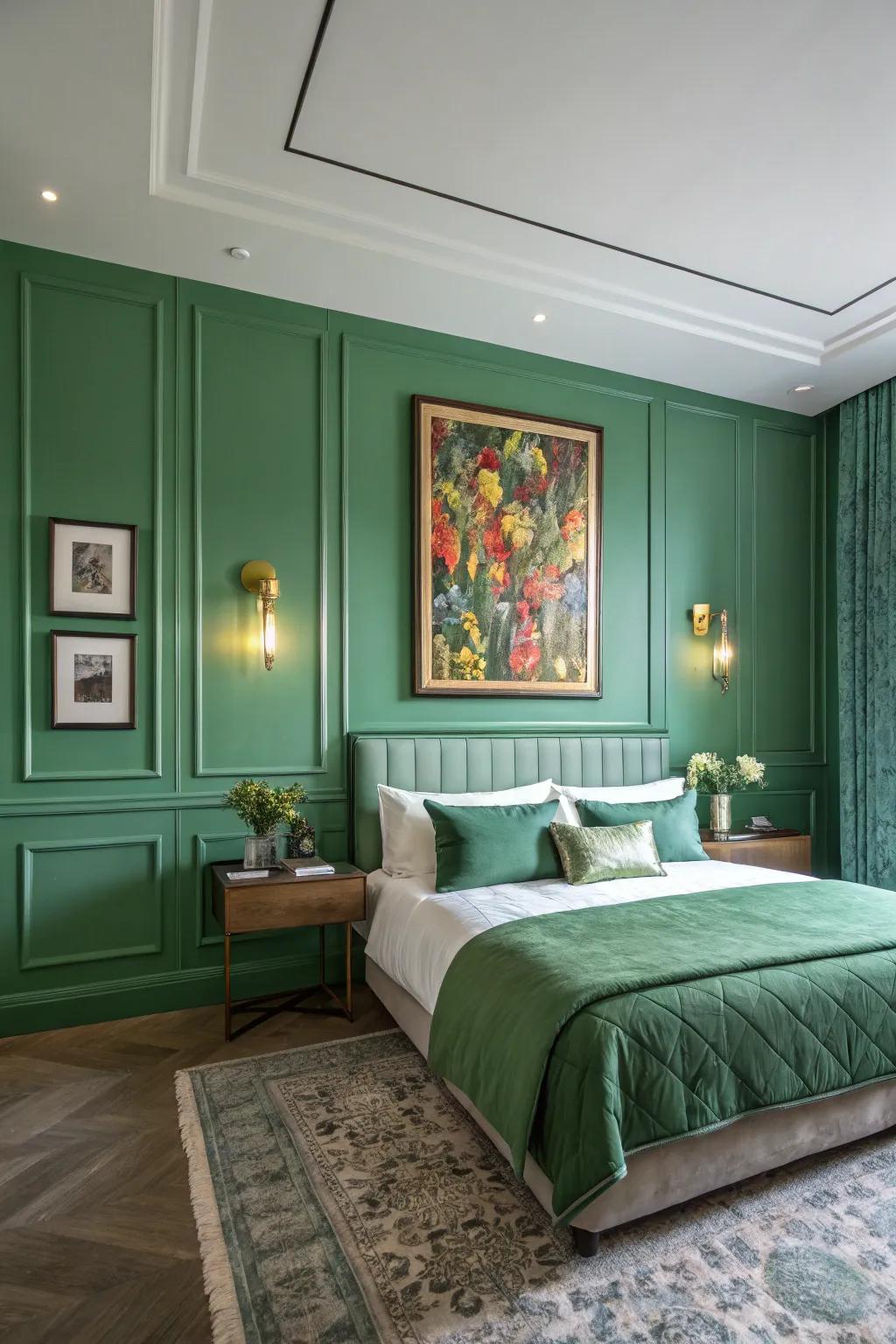 Decorative pieces bring character to a green bedroom.