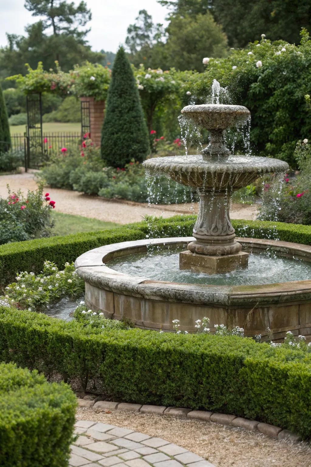Green fences highlighting an outdoor fountain for amplified visual charm.