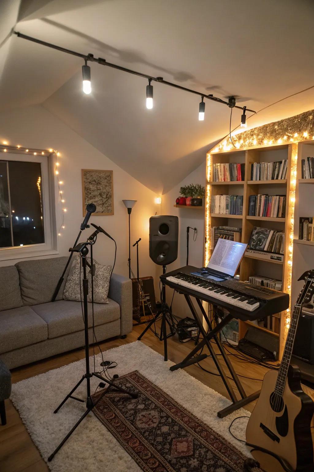 Soft illumination alters the studio's mood, enhancing inspiration.