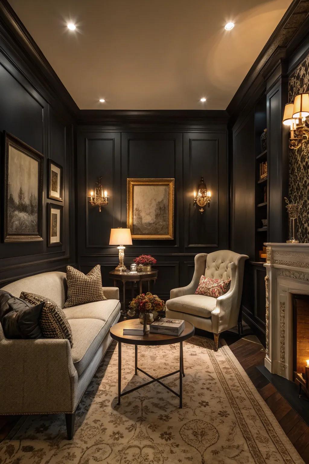 A compact living space showcasing dark walls to create an intimate setting.