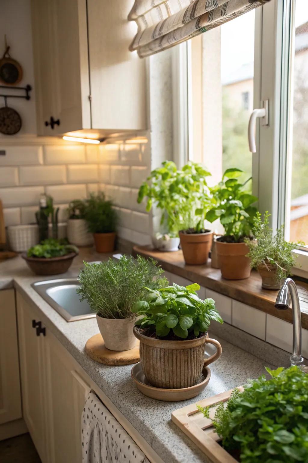 Plant life breathes vitality into this tight kitchen setting.