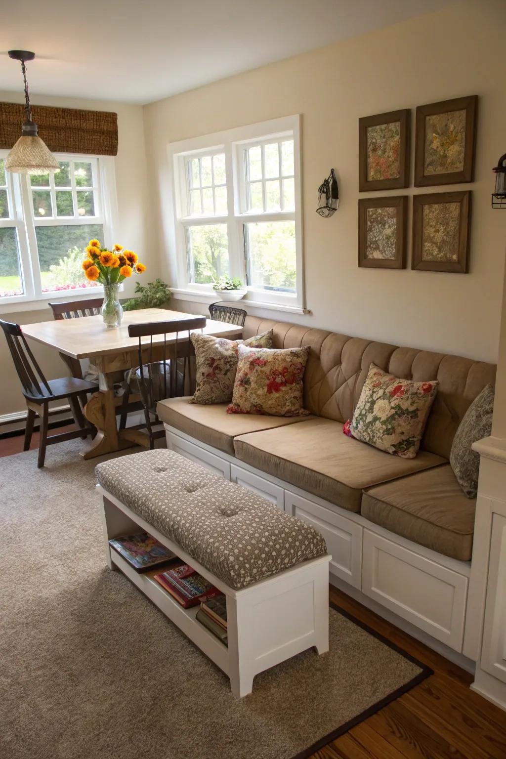 A sectional along with a dining bench provides adaptable seating.