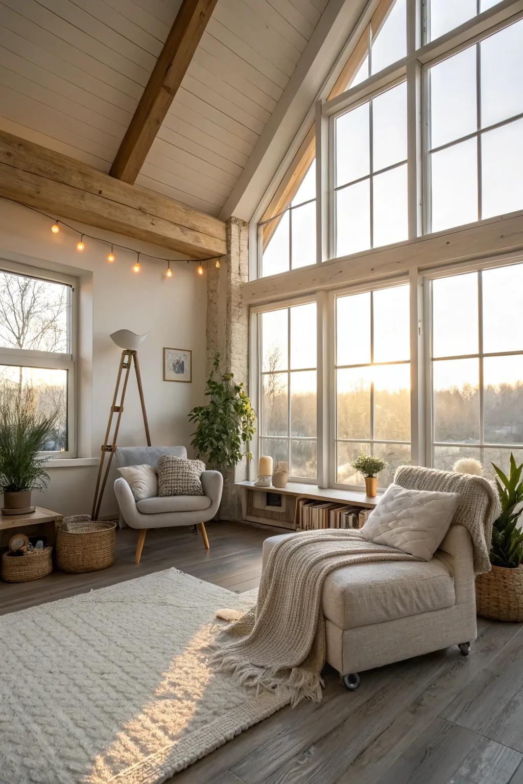 Natural illumination accentuates the warmth of a compact loft.