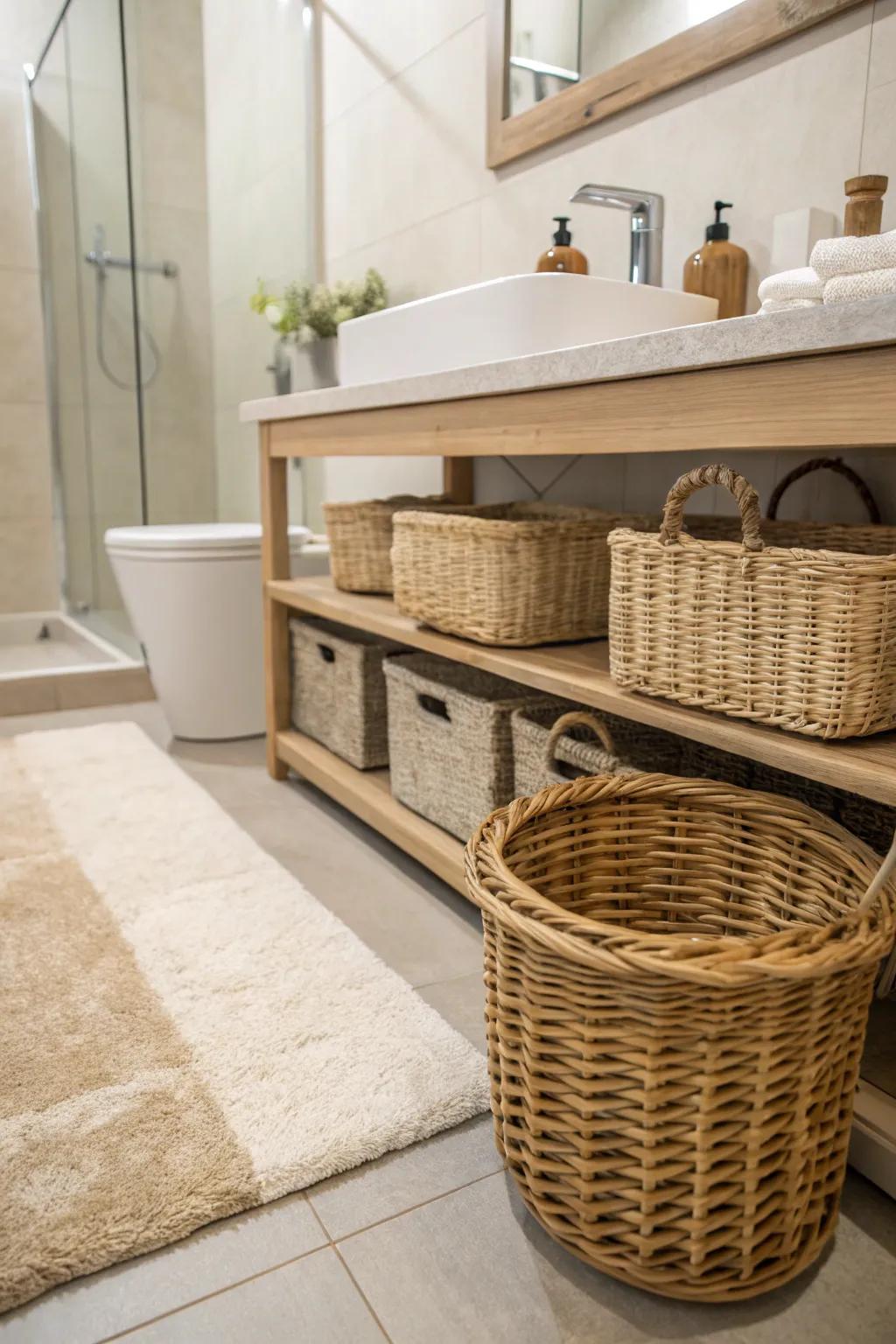 Cozy textiles add warmth to a modern rustic bathroom.