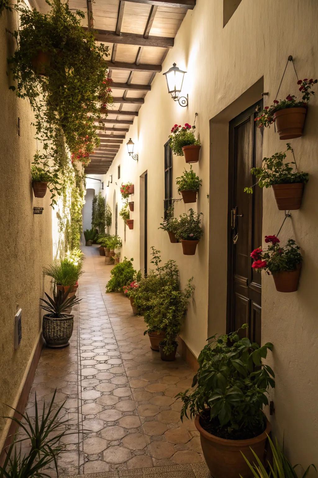 Greenery can enliven your slender passageway with a natural vibe.