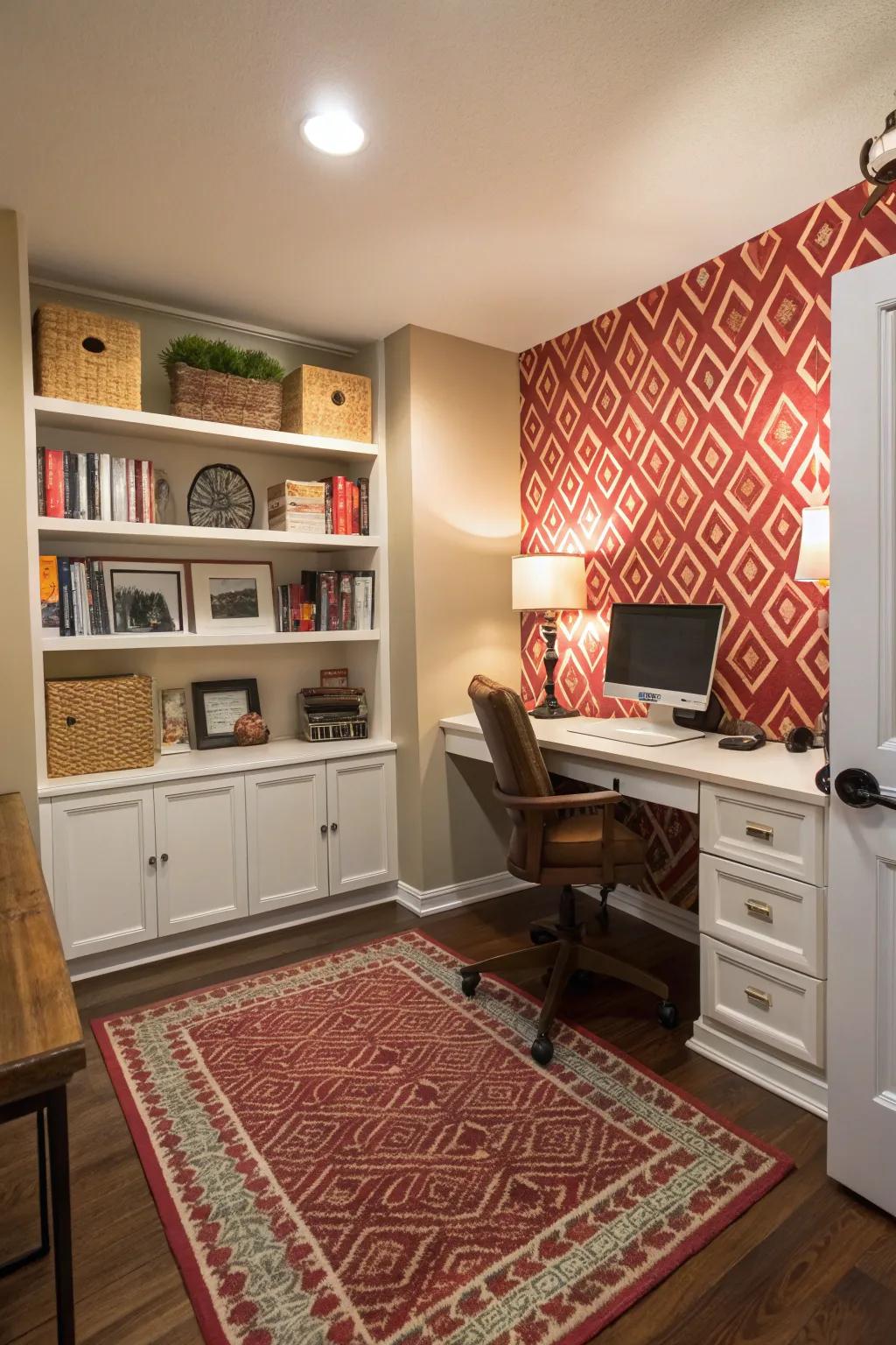 An office area clearly marked by a stylish carpet and accent wall.