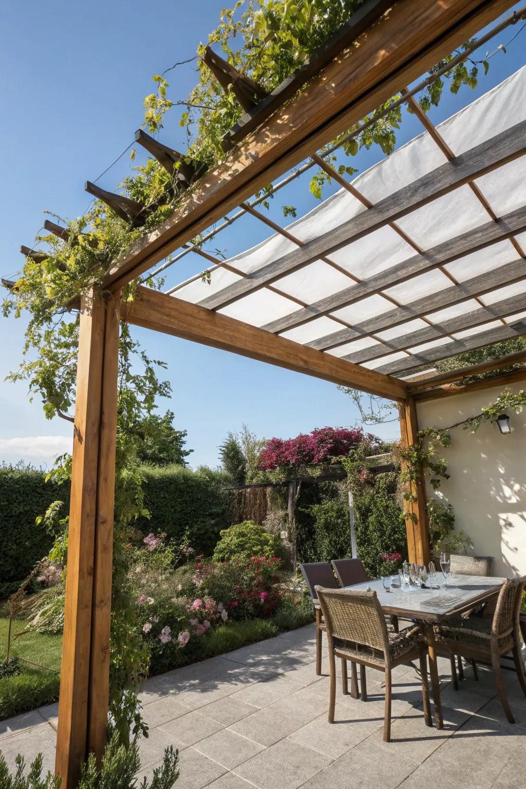 A slide-away roof appends versatility to a small patio canopy.