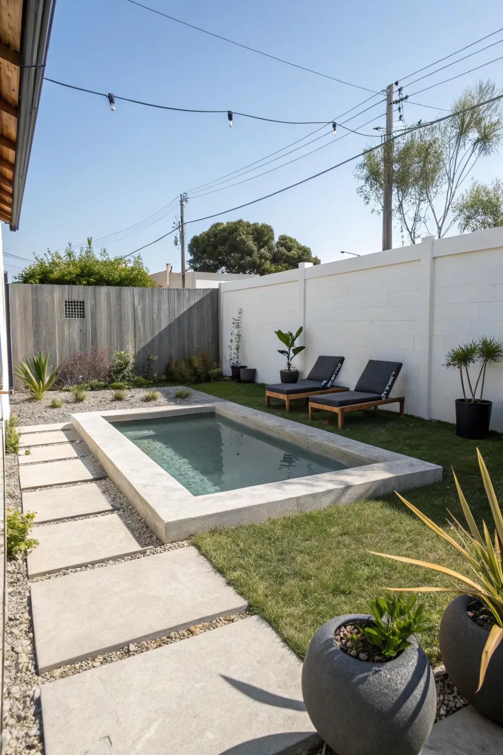 A polished ready-made plunge pool that fits impeccably within a modest yard.