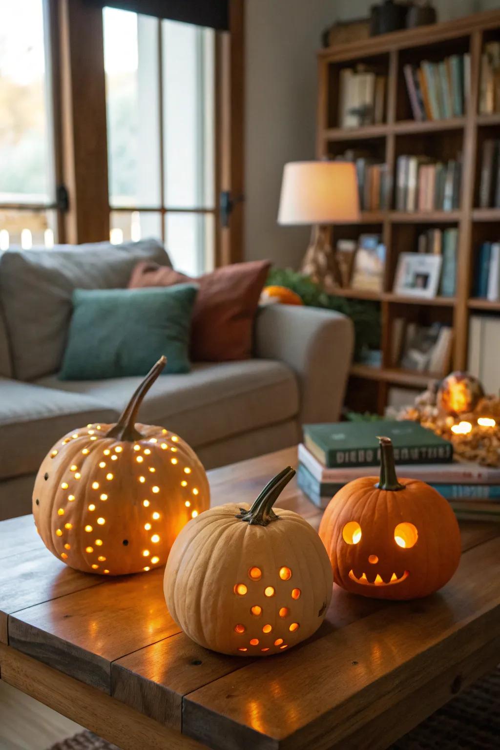 The hidden string lights in the pumpkins adds warmth and atmosphere.