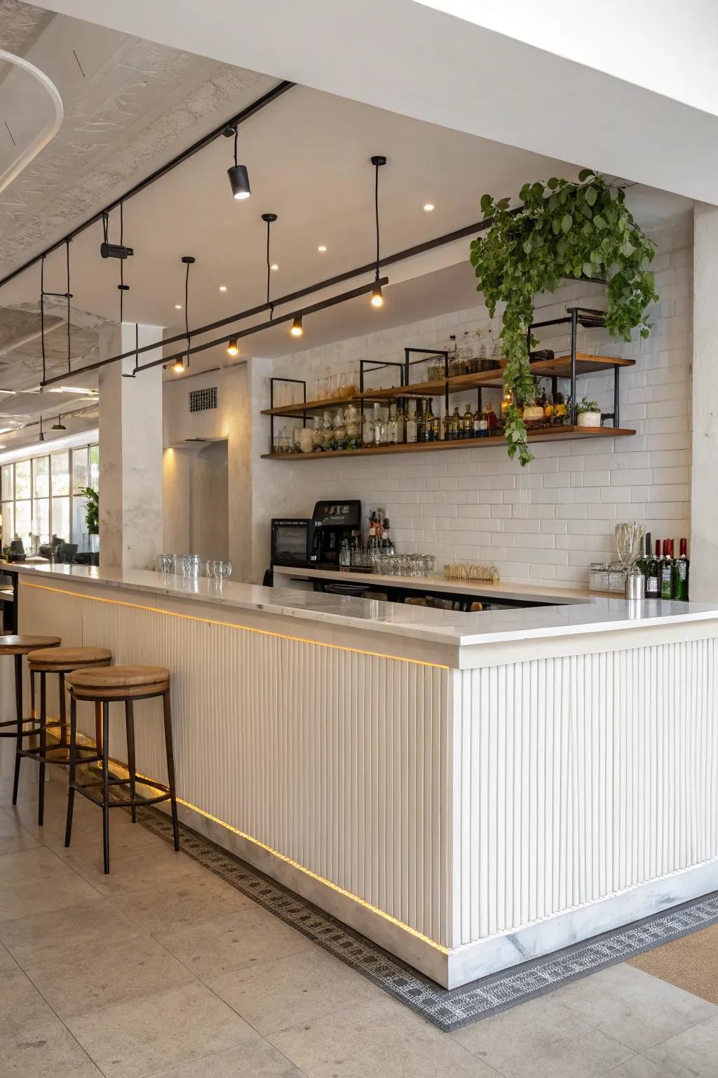 A minimalist bar surface embodies both style and practicality, ideal for maximizing space in a petite setting.