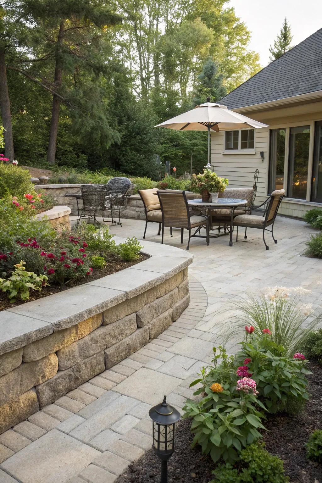 Retaining structures demarcate serene deck areas for leisure.