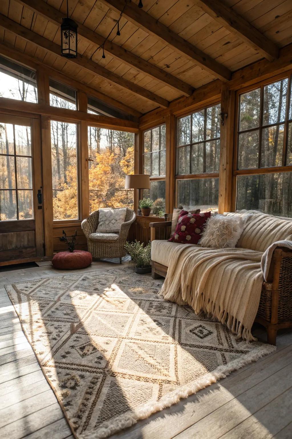 Knitted rugs and wraps lend warmth and charm to this sunroom.