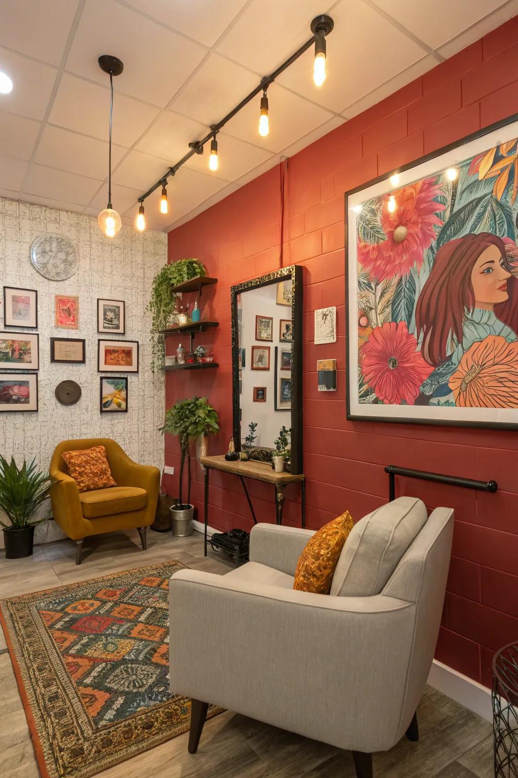 Striking elements infuse character into compact salon spaces.
