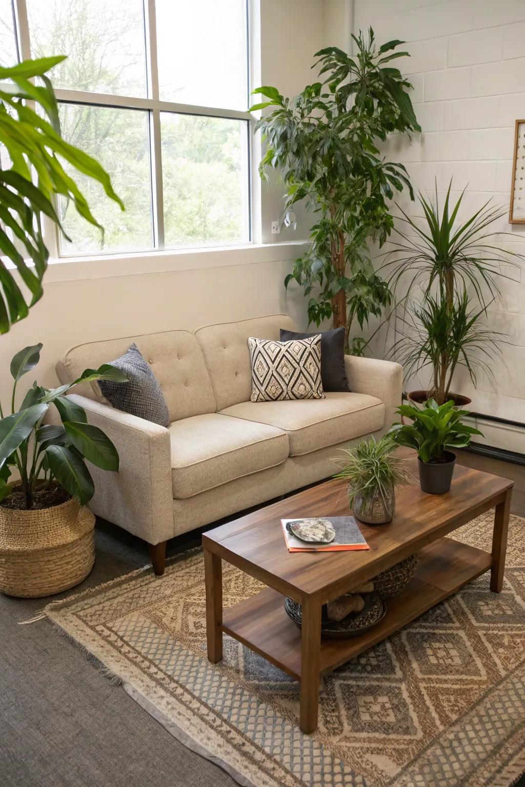 Natural accents like plants add life and energy to small spaces.