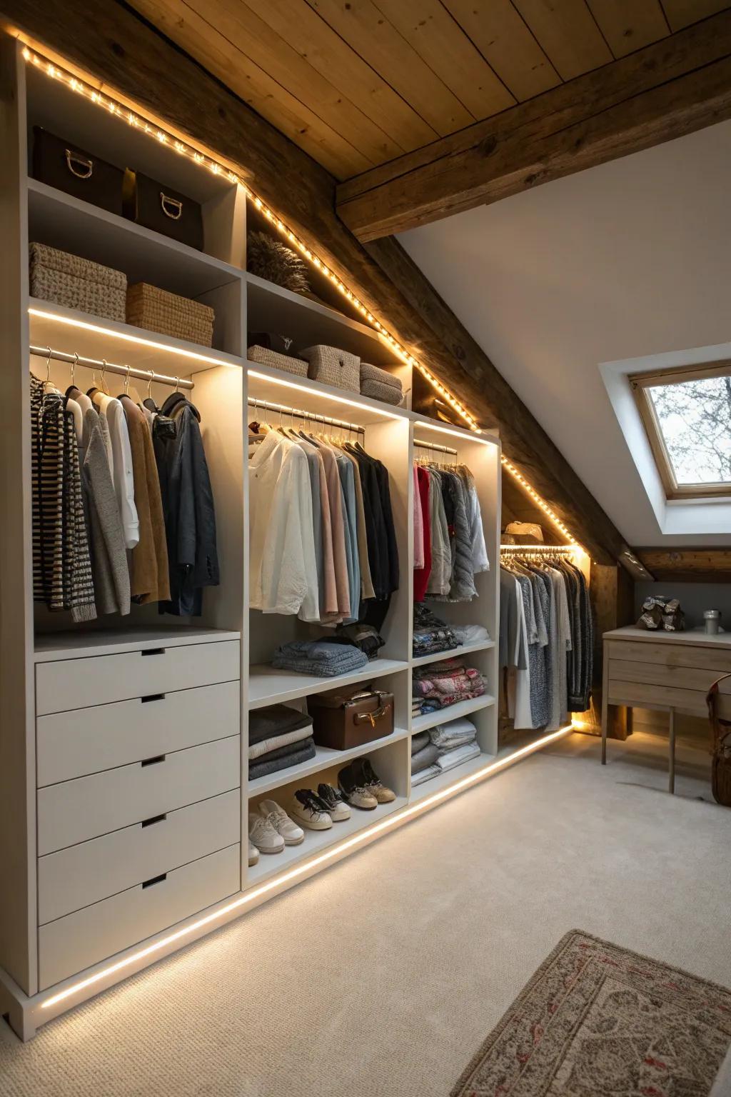 Artful lighting can enhance and highlight your attic closet.