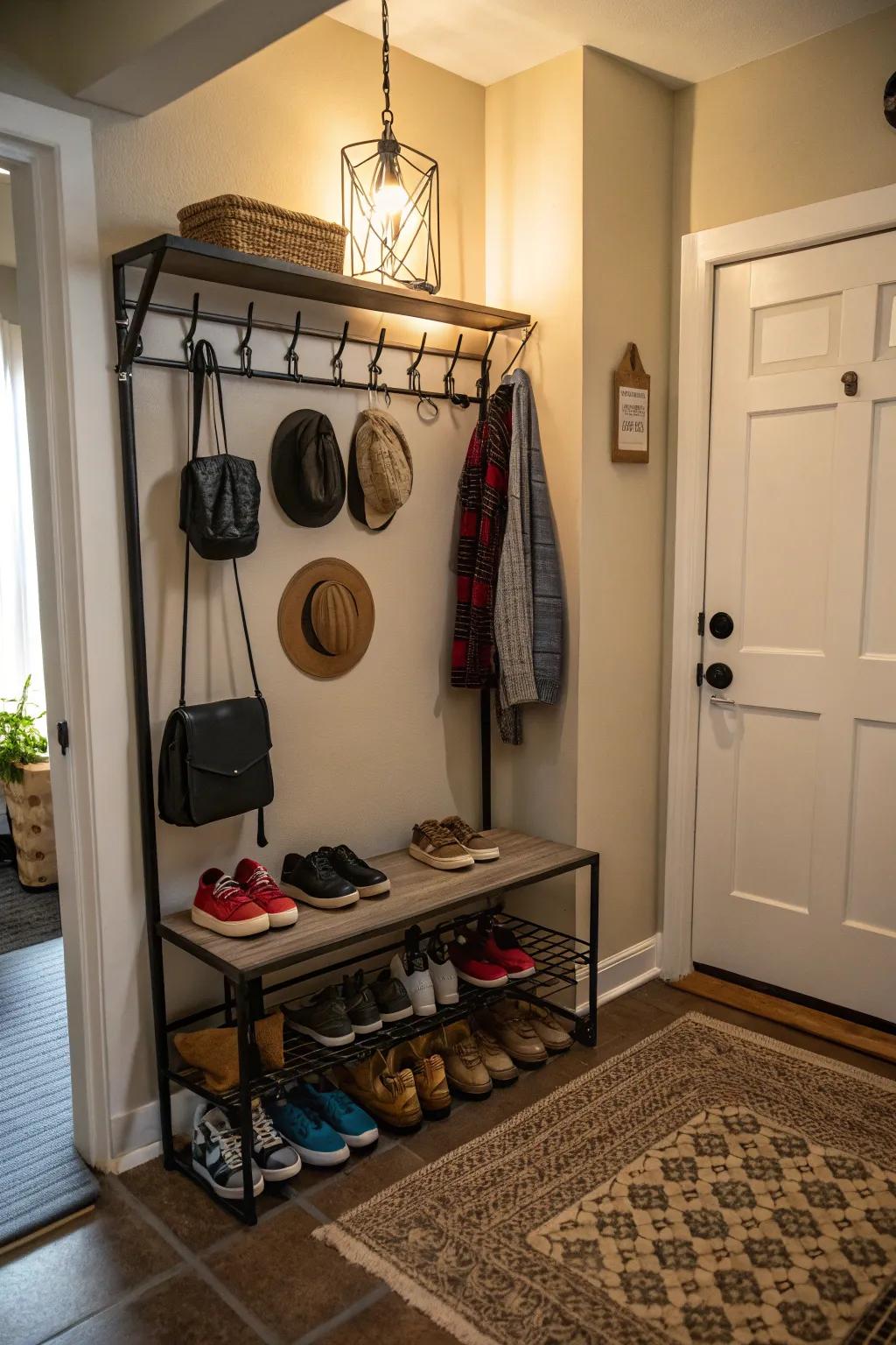 Over-door rack in an entryway, maximizing space for shoes and accessories.