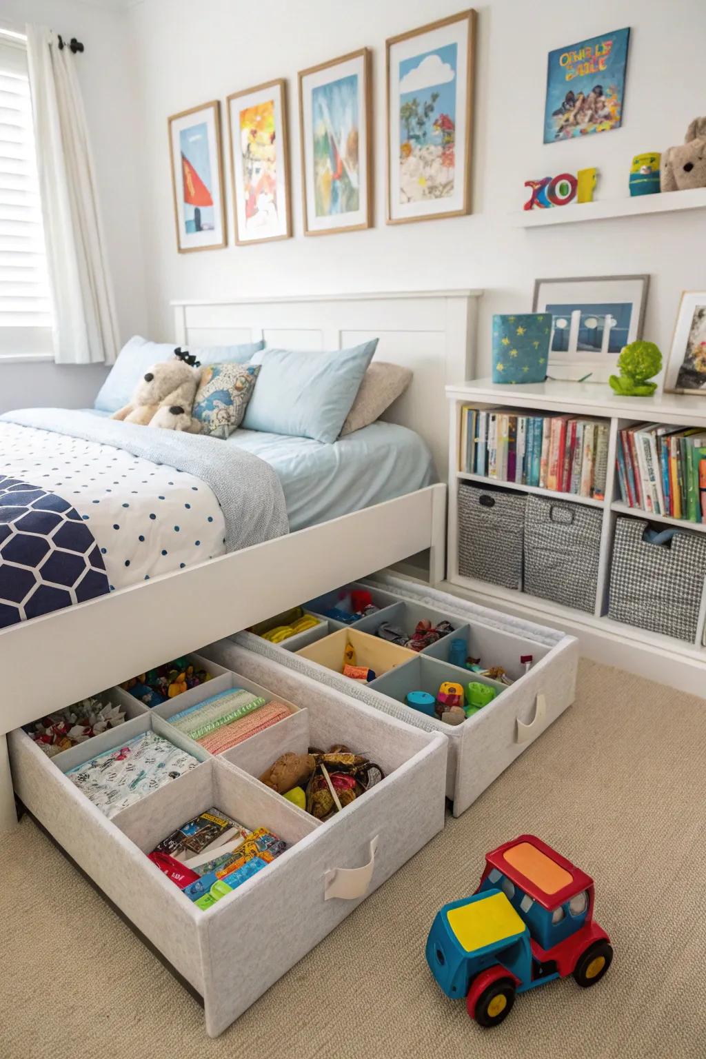 Underbed storage containers designed for discreet toy organization.