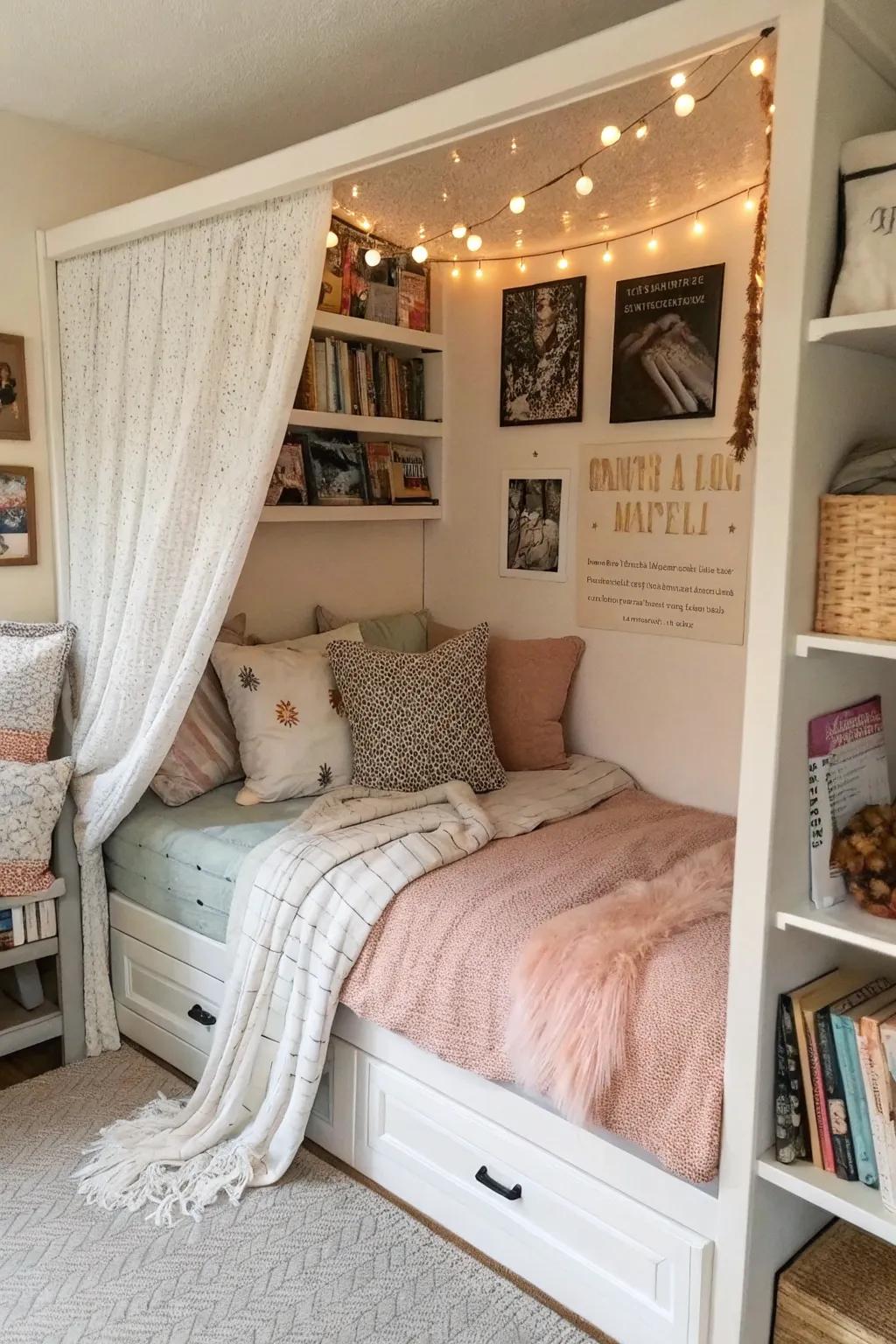 A comfortable bedding corner with stacked textures provides a warm and welcoming hideaway.