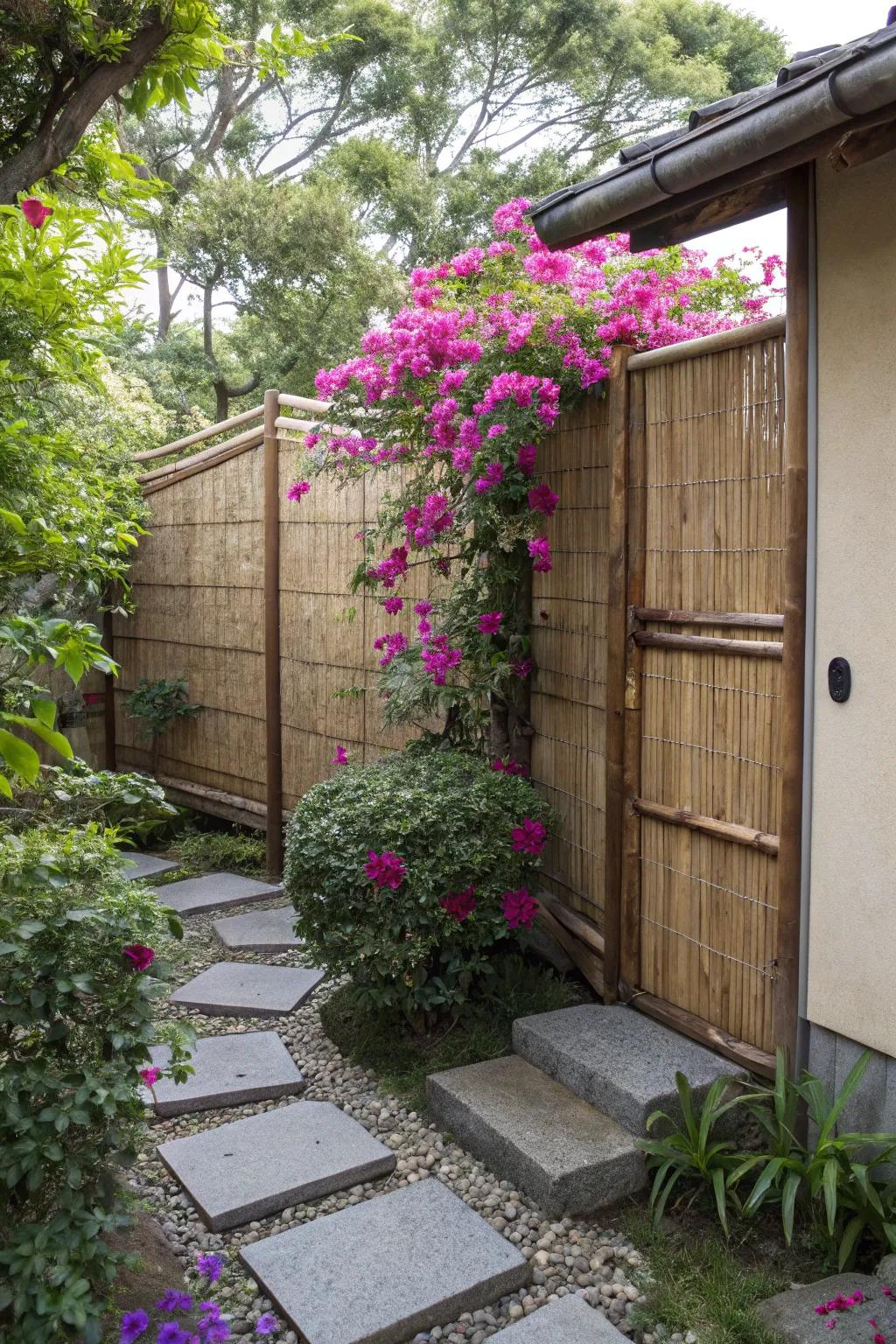 A concealment display entwined with bougainvillea furnishes a secluded retreat.