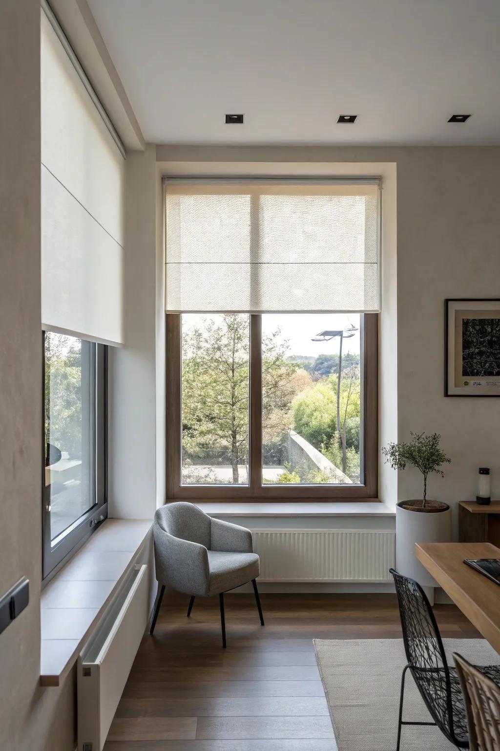 Roller shades provide a sleek and modern solution for small windows.