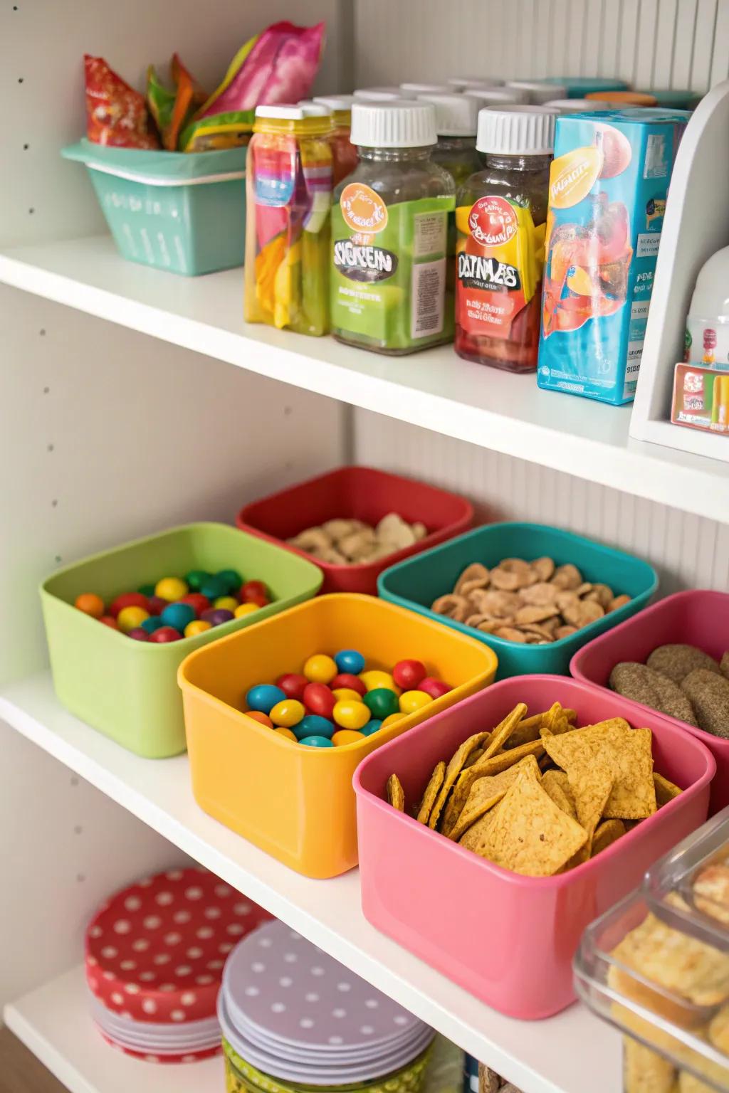 Color-sorted holders contribute a playful element to snack storage.