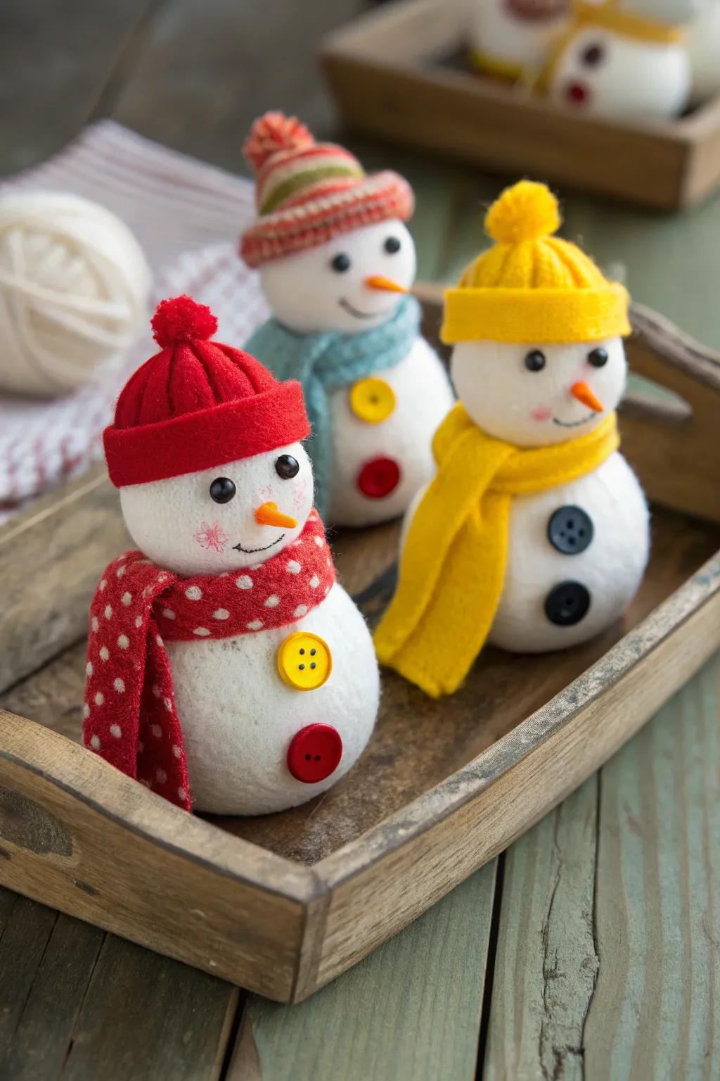 Stud snowmen contribute a retro accent to winter decorations.