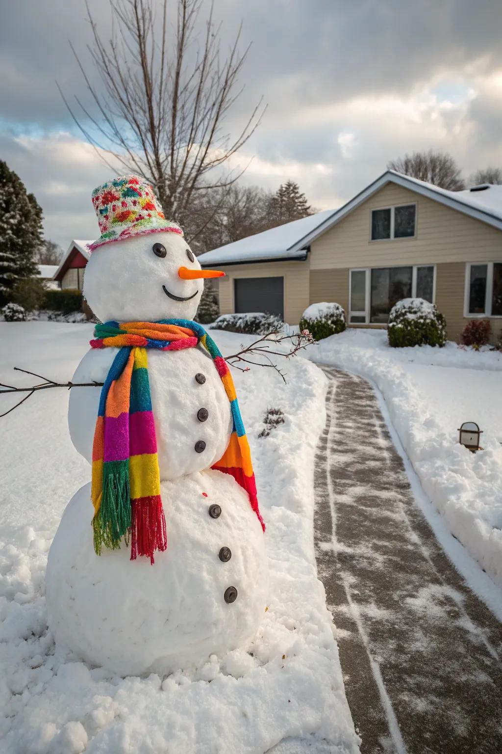 A chromatic snowman conveying cheer to a winter vista.