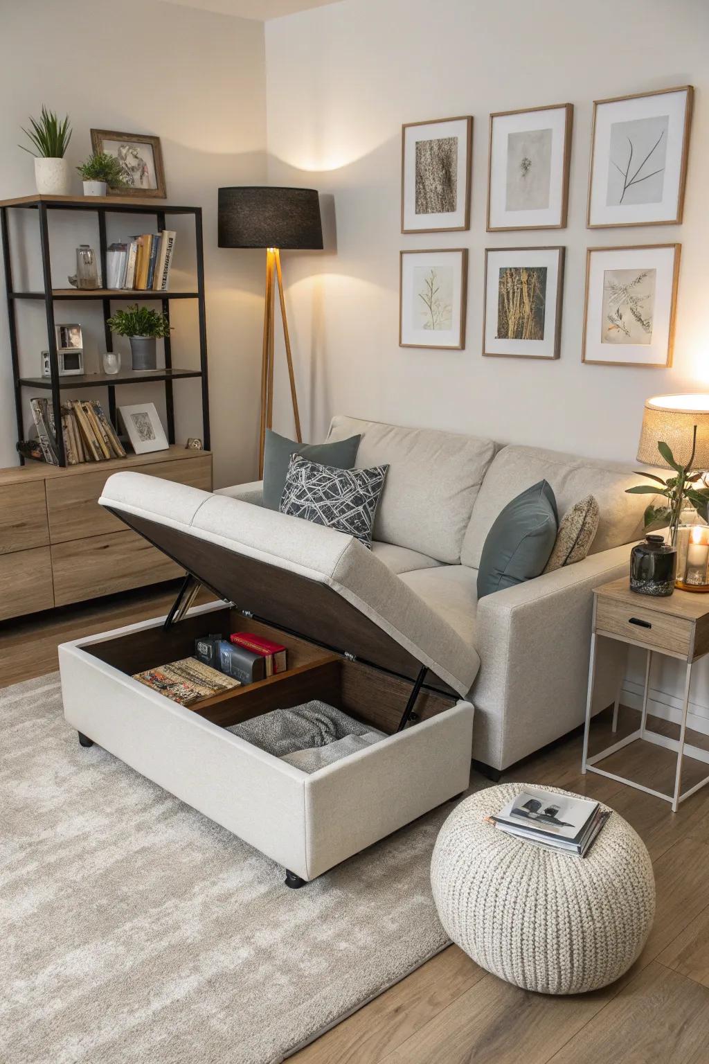 An ottoman sofa with hidden storage in a modern small living room.