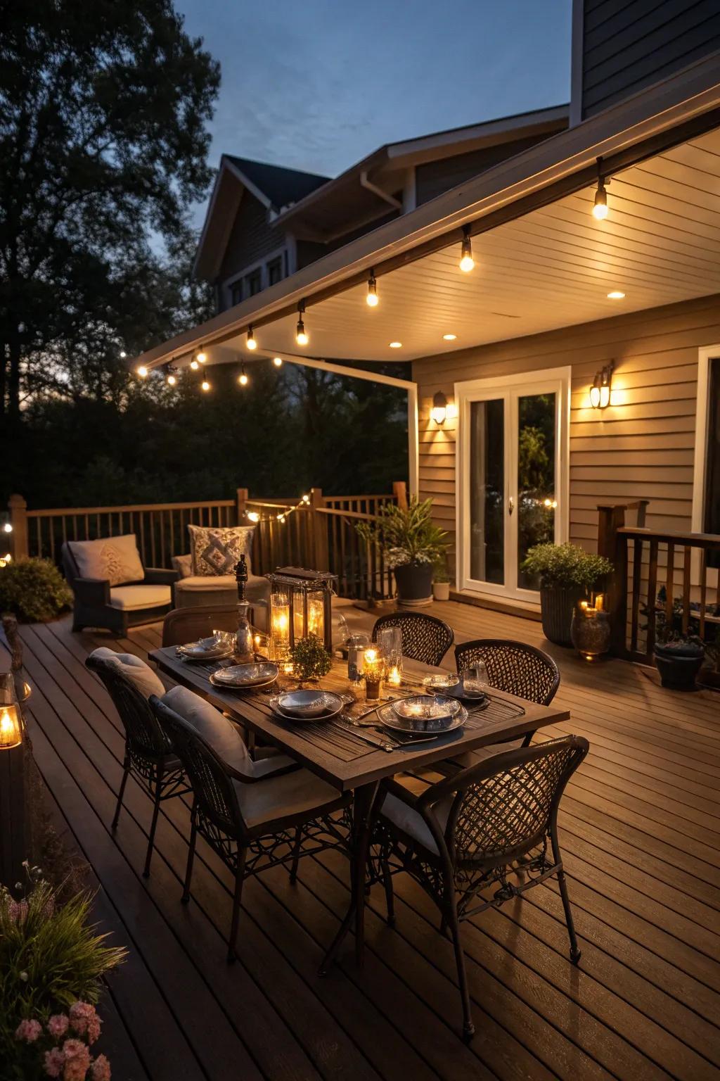 Soffit lighting creates a warm, ambient atmosphere for deck gatherings.