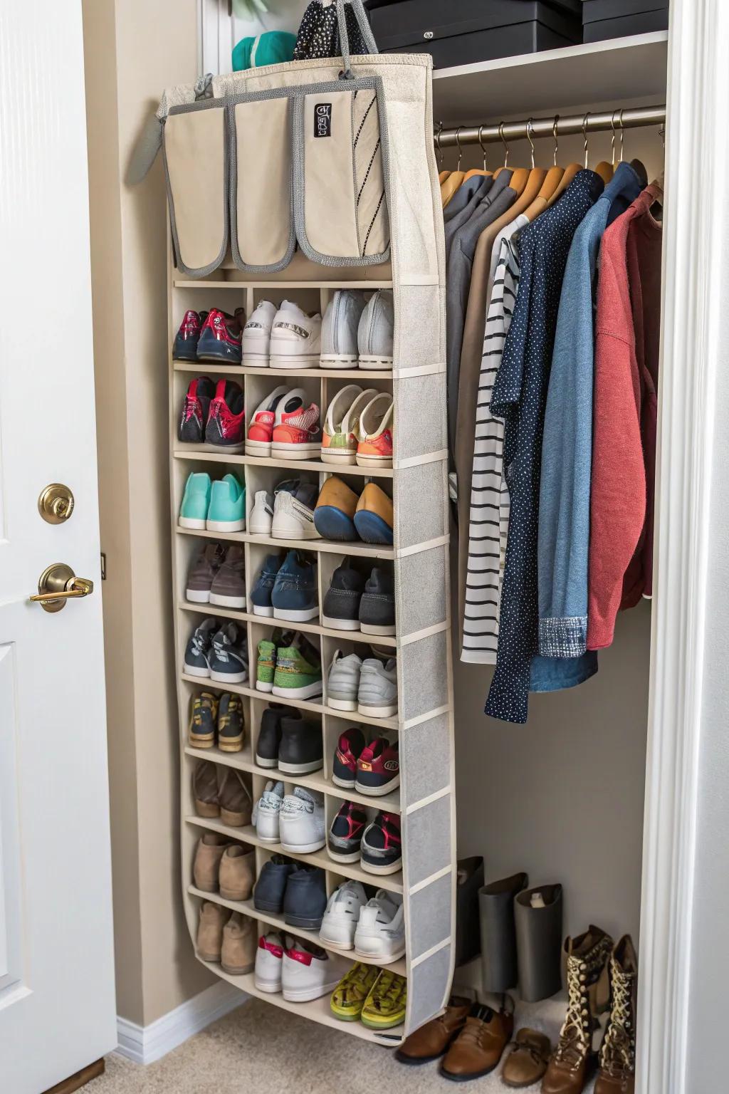Hanging shoe shelves save floor space and keep your footwear organized and accessible.