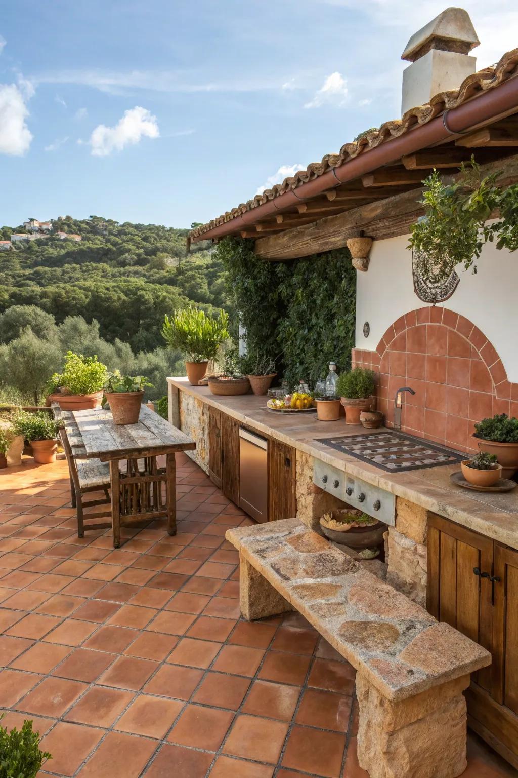 Earthenware tiles enhance the Mediterranean charm of this outdoor cooking area.