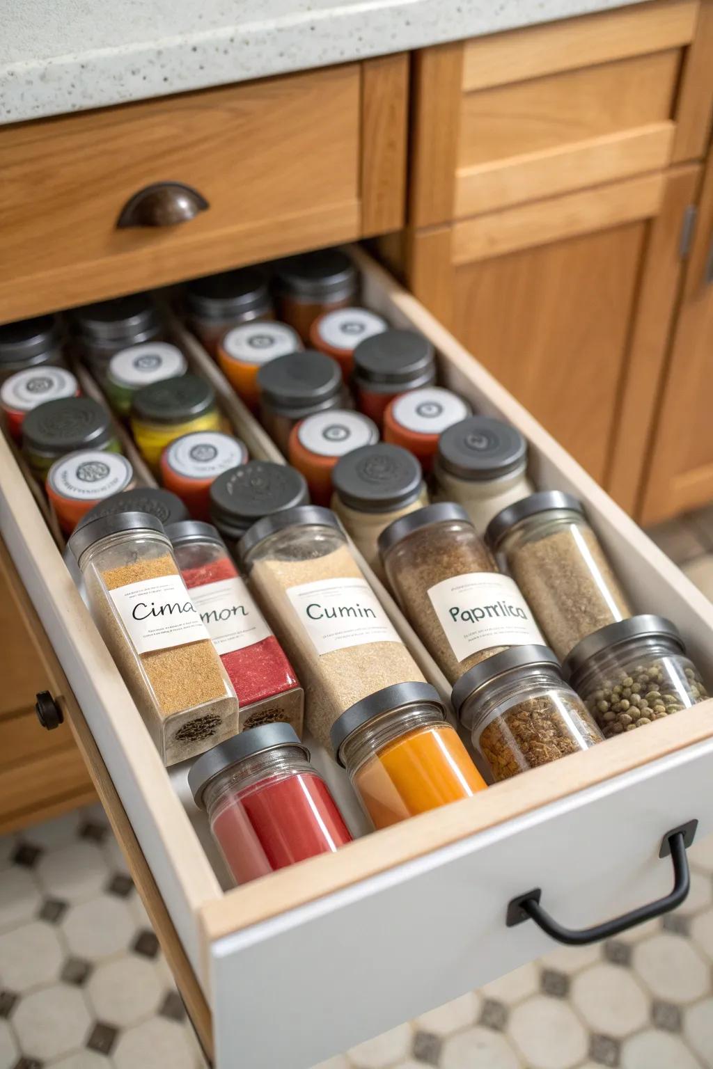 A drawer insert keeps spices neat and organized.
