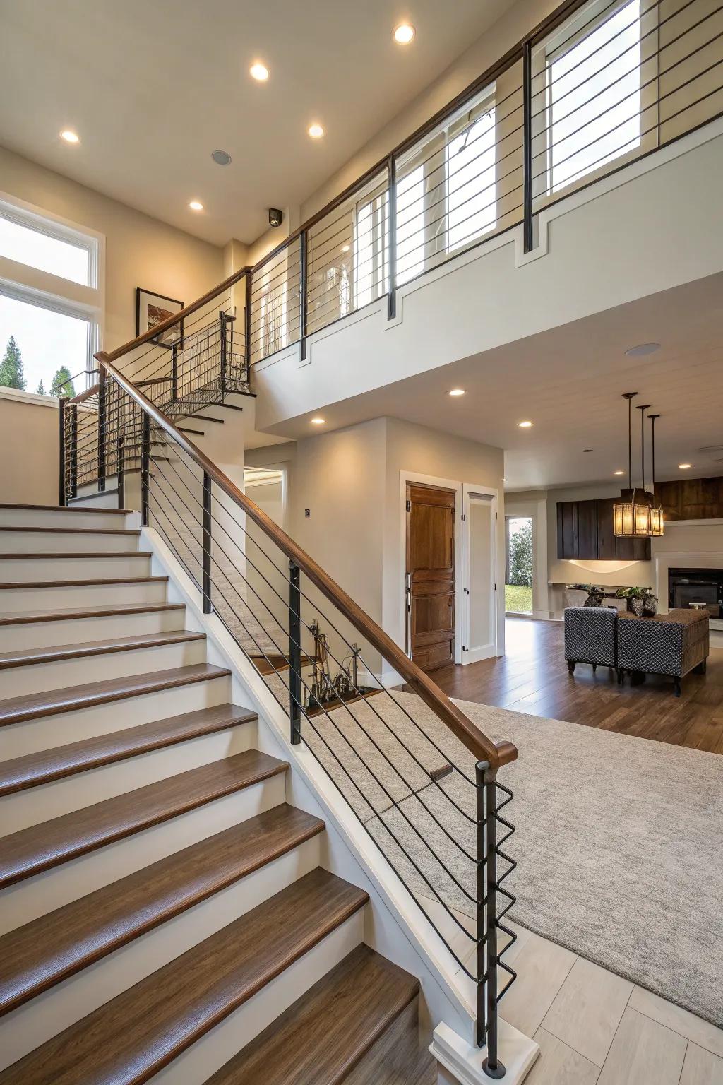 Elegant cable railings delivering see-through style in a split-level home.
