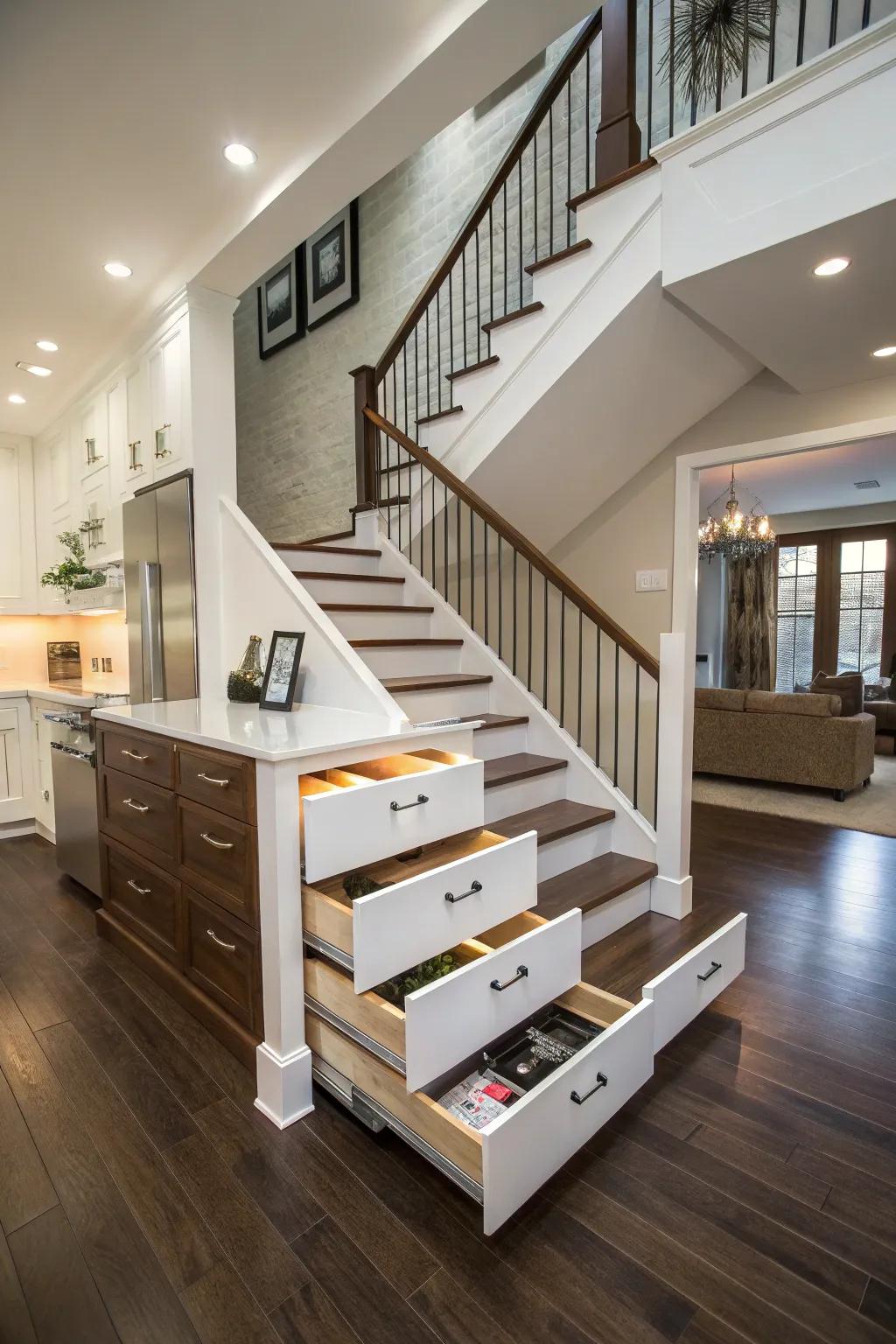 Under-stair drawers offer a smart storage solution.