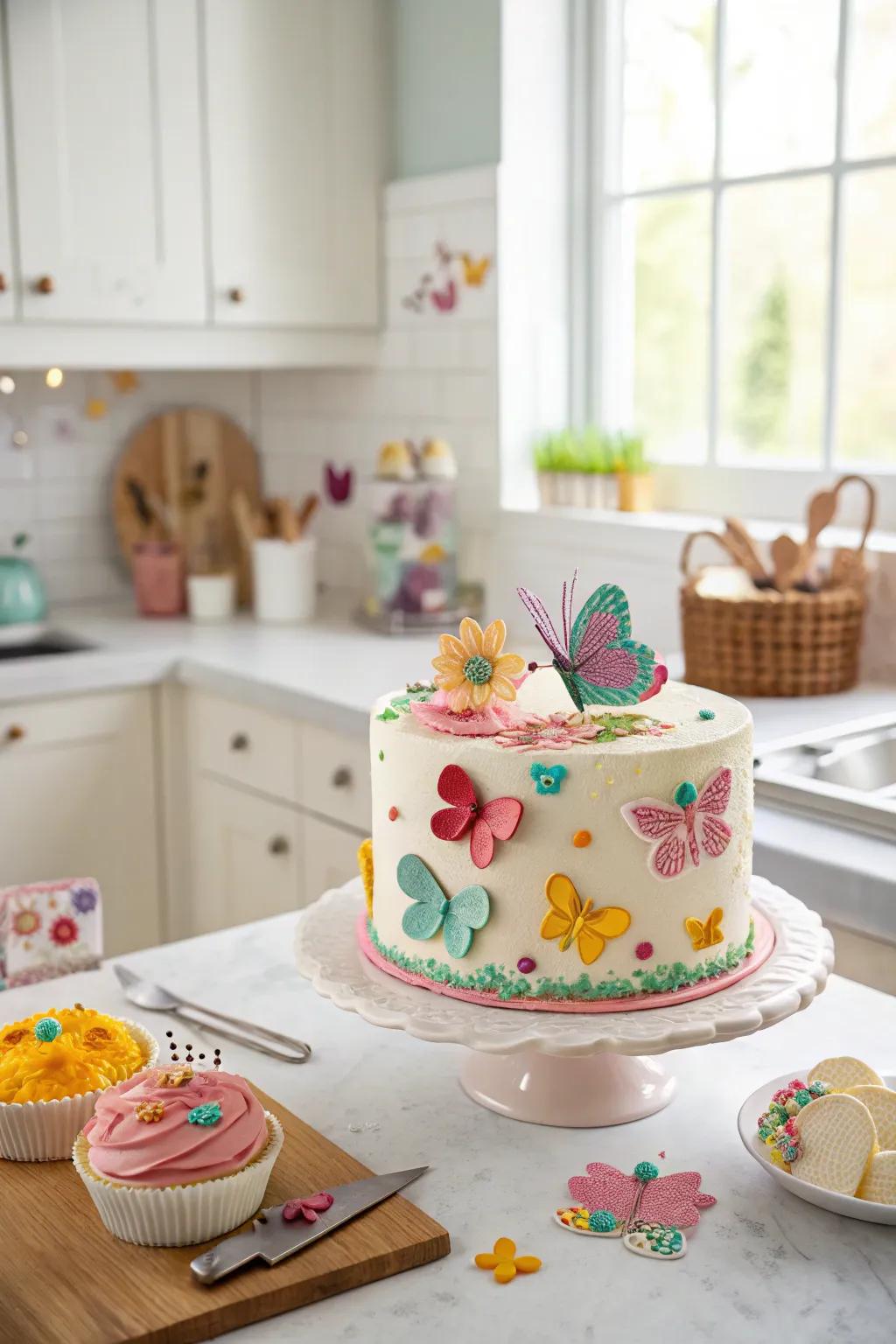 A whimsical cake featuring playful aspects for a spring birthday.