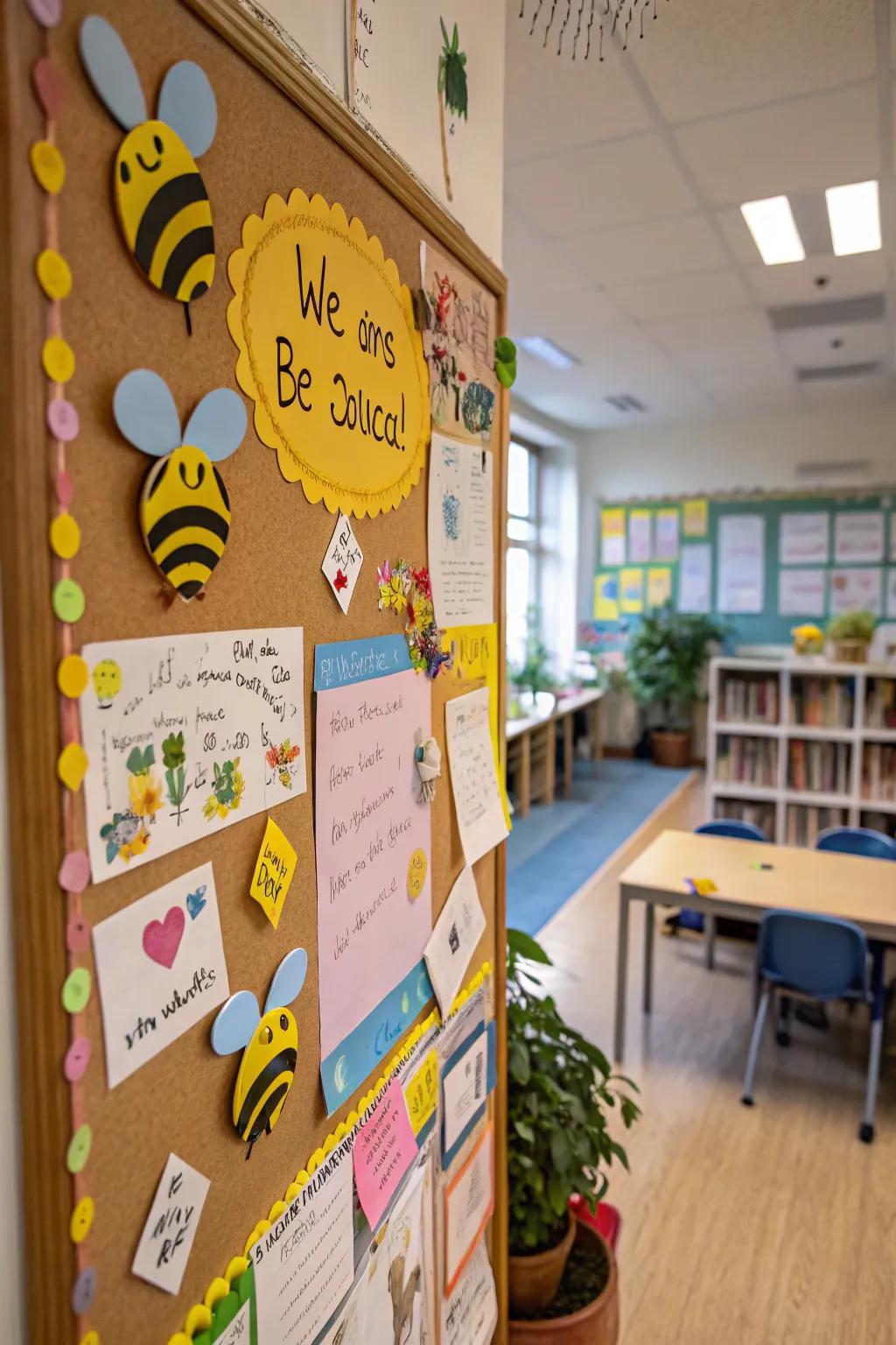A positivity-focused notice board with bees and inspiring messages to brighten up the day.